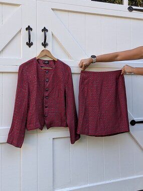 Vintage Christy Girl Red & Gray Houndstooth Tweed 2-Piece Skirt Suit Set S/M